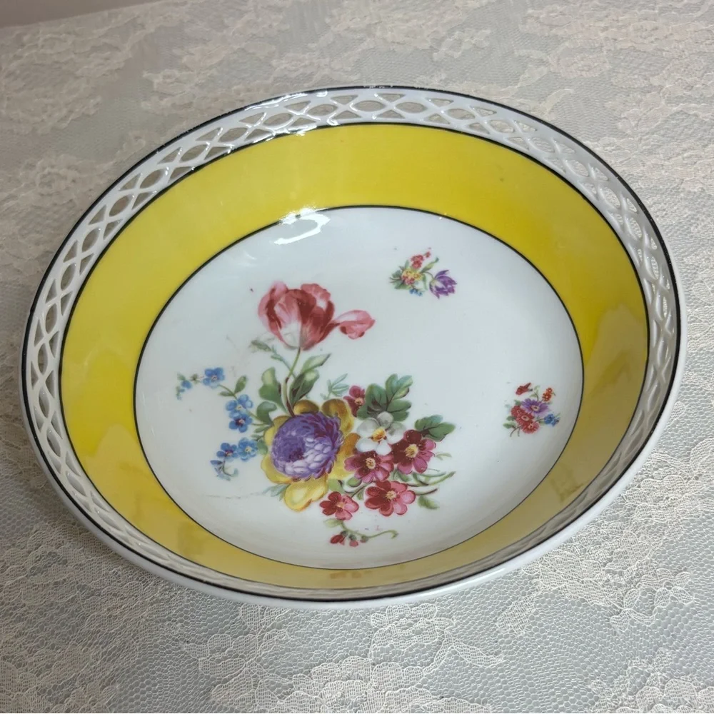 Vintage Floral Bowl Bavaria Serving Dish Cottage Rose Flower Cut Out Pink White